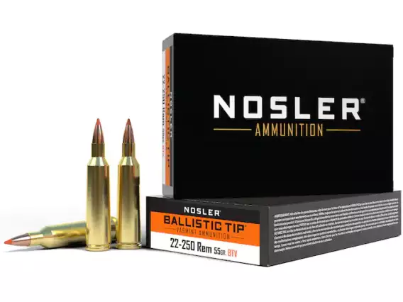 Nosler BT Varmint Ammunition 22-250 Remington 55 Grain Ballistic Tip Varmint 500 Rounds